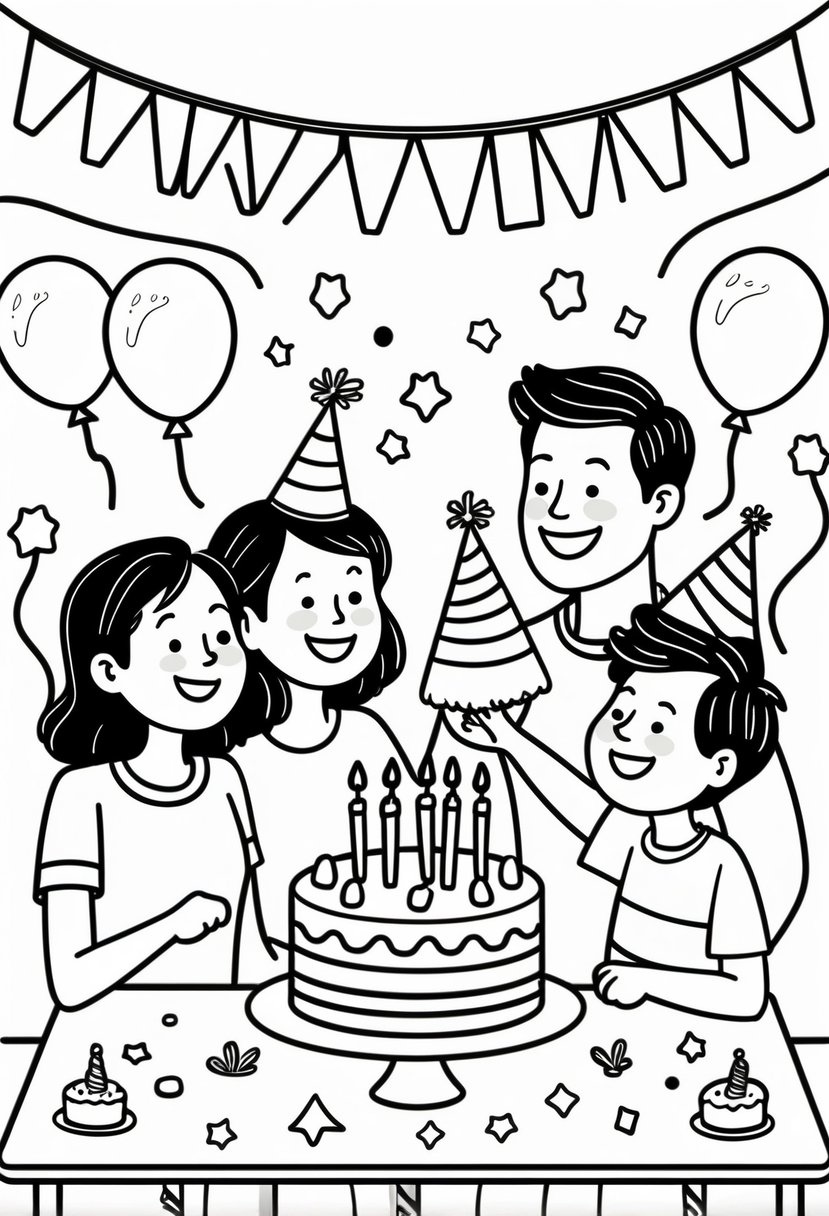 Family Coloring Pages 16 Fun and Creative Designs for All Ages 32 A family of four celebrating a birthday together around a table with a cake and candles, surrounded by balloons and decorations.